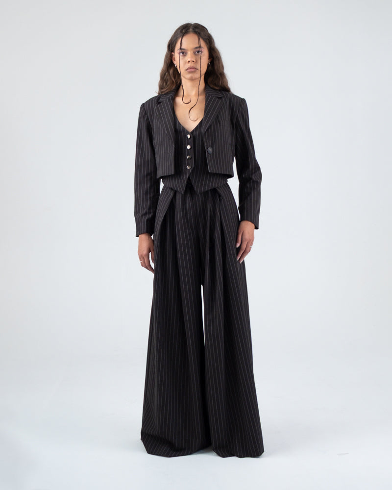 Cropped Moto Blazer in Pin Stripe