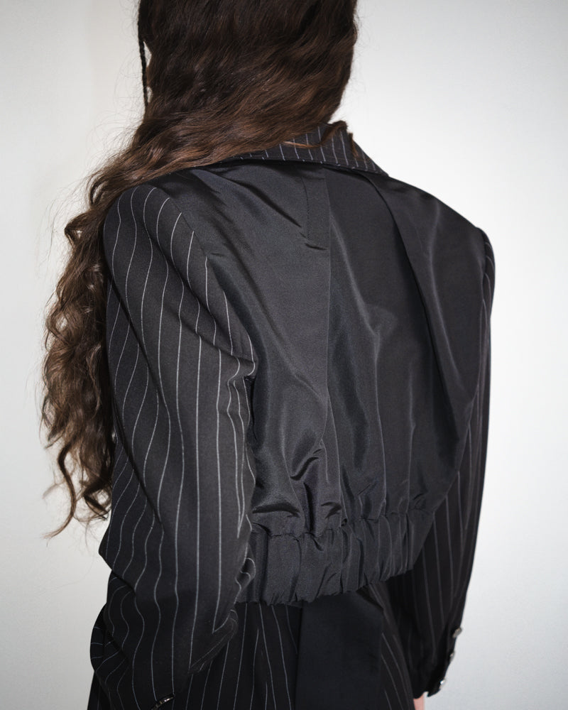 Cropped Moto Blazer in Pin Stripe