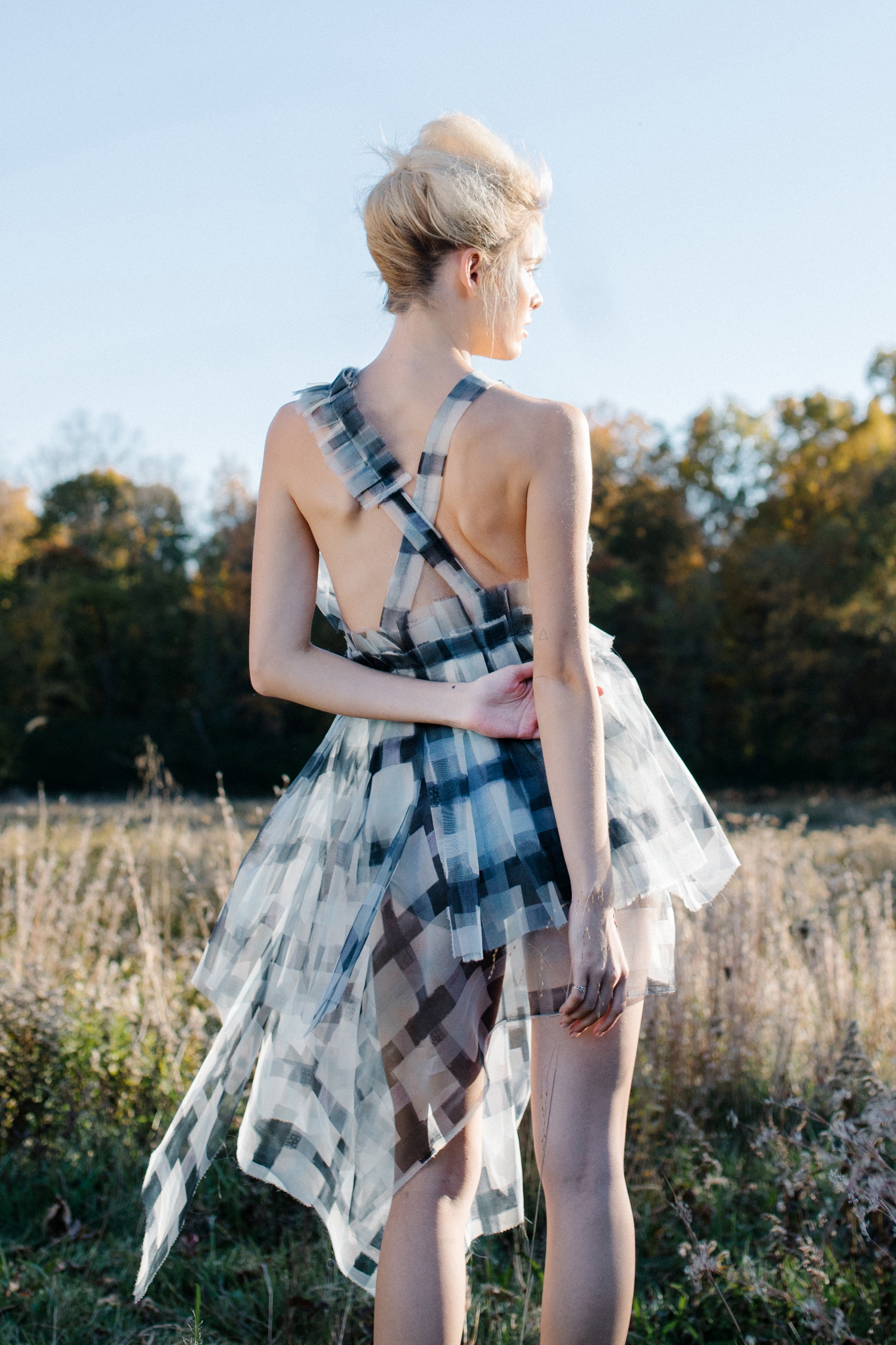 IRIS PAINTED PLAID SILK ASYMMETRICAL COCKTAIL DRESS